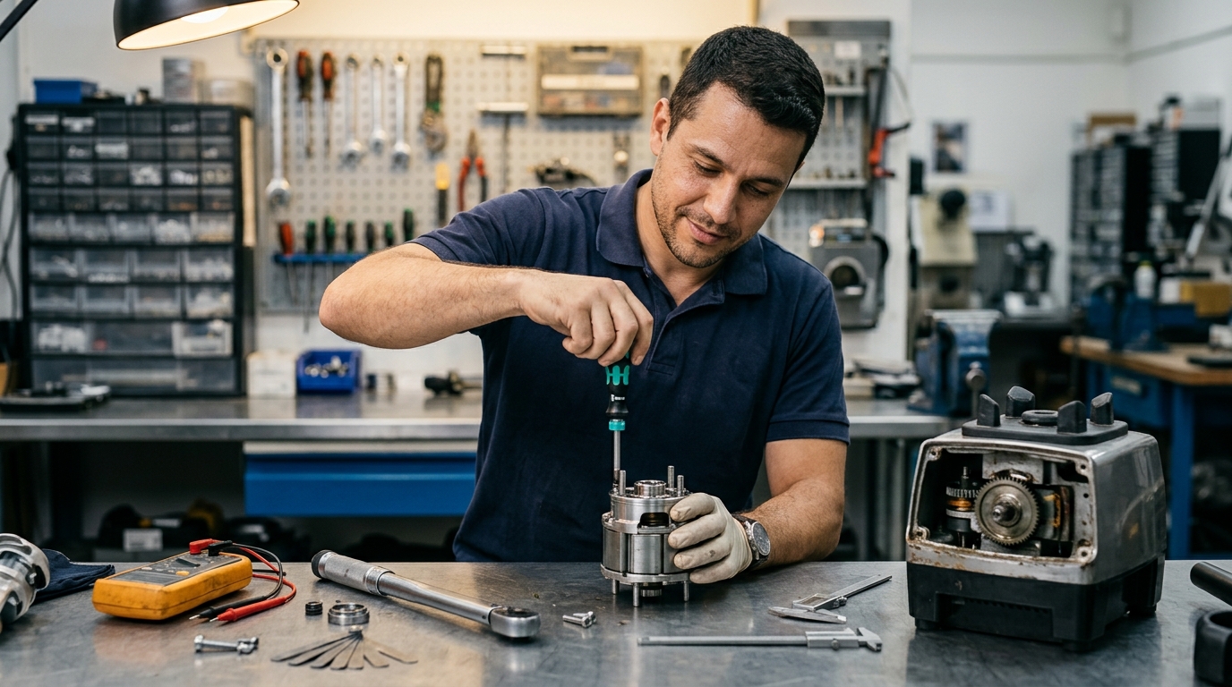 Técnico especializado reparando liquidificador industrial na bancada