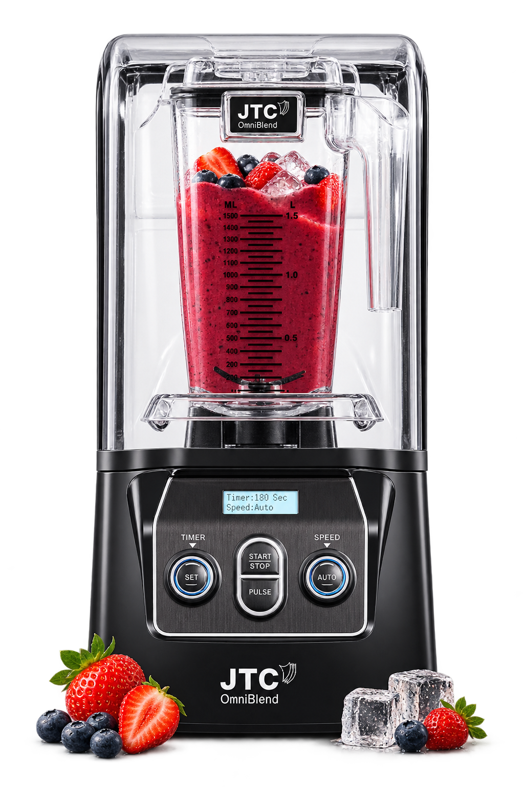 Liquidificador OmniBlend 900QD com cobertura acústica, smoothie de frutas vermelhas, morangos, mirtilos e gelo