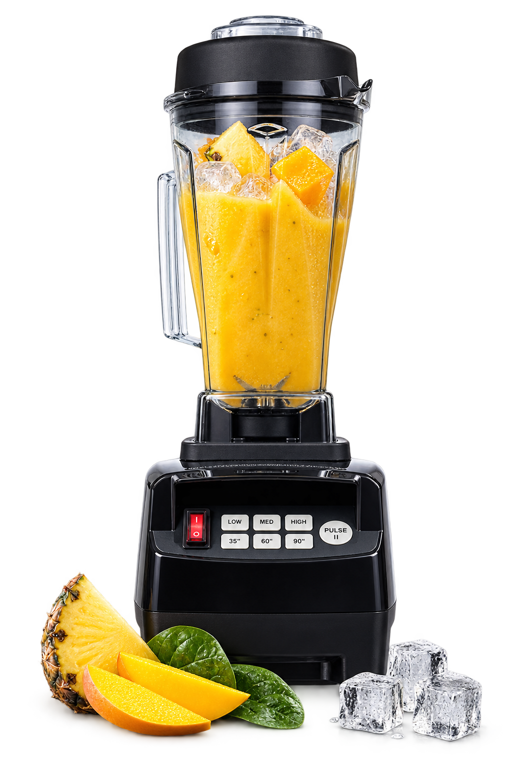 OmniBlend V com smoothie tropical, manga, abacaxi, folhas e gelo